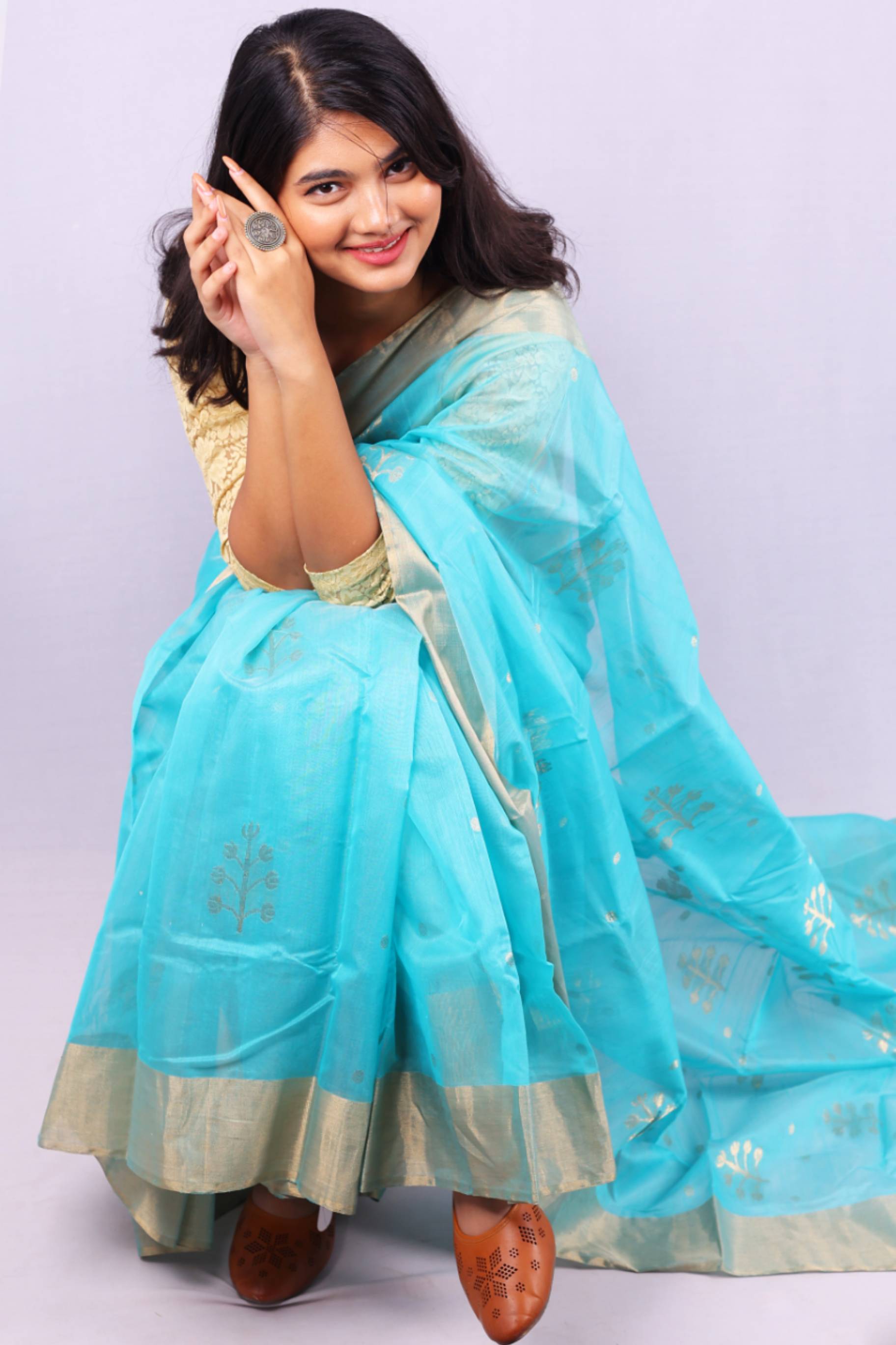 Sky Blue Cotton Silk Saree with Silver Woven Motifs & Zari Border