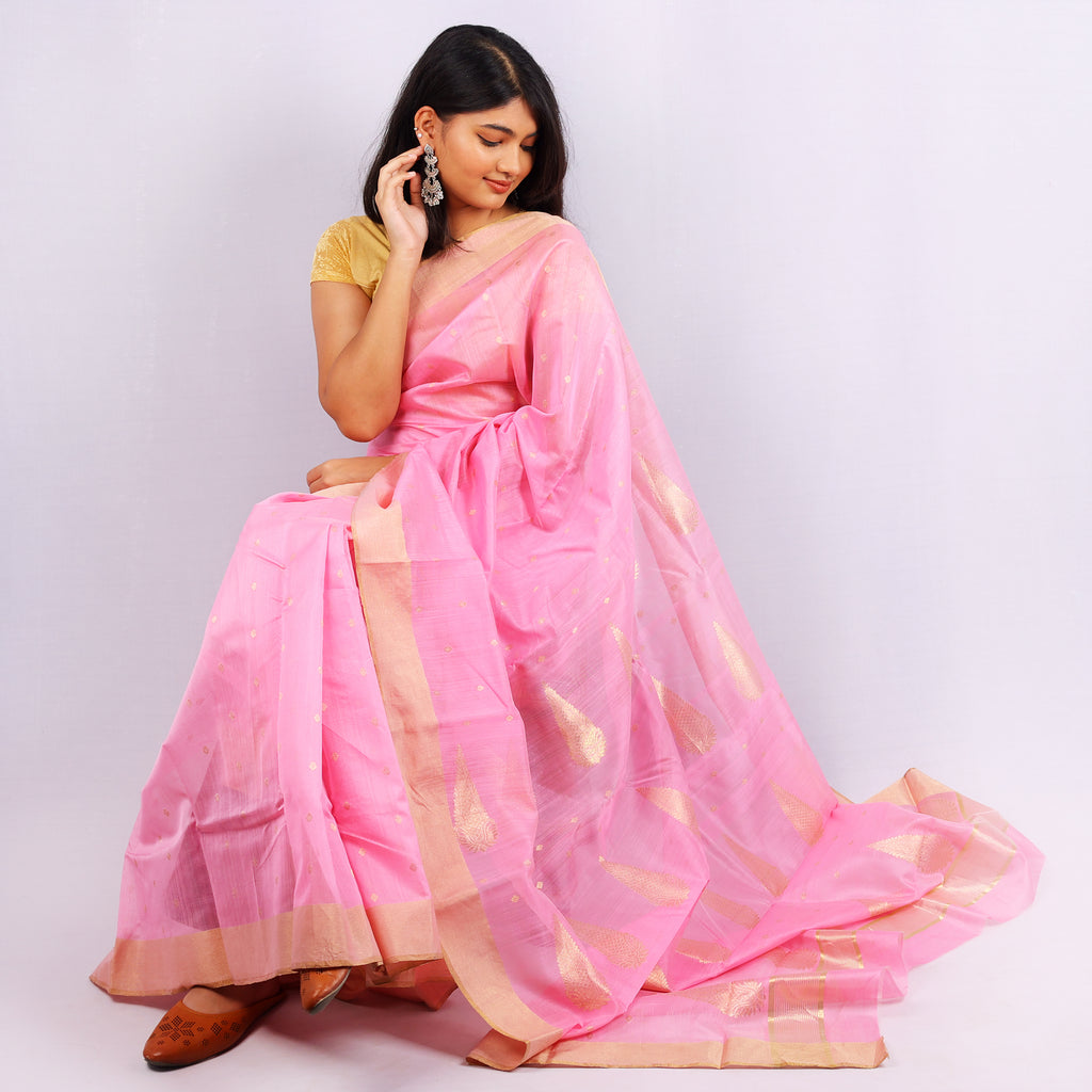 Baby Pink Cotton Silk Saree with Gold Zari Border & Woven Leaf Motifs