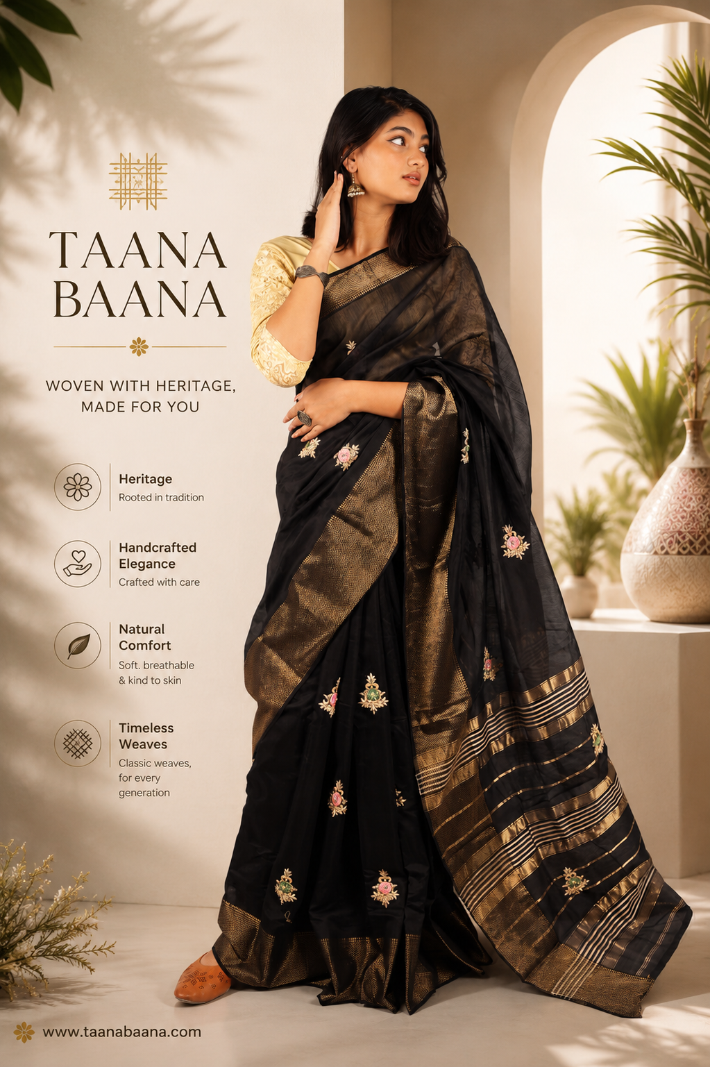 Black Cotton Silk Saree with Floral Embroidery & Rich Gold Zari Border