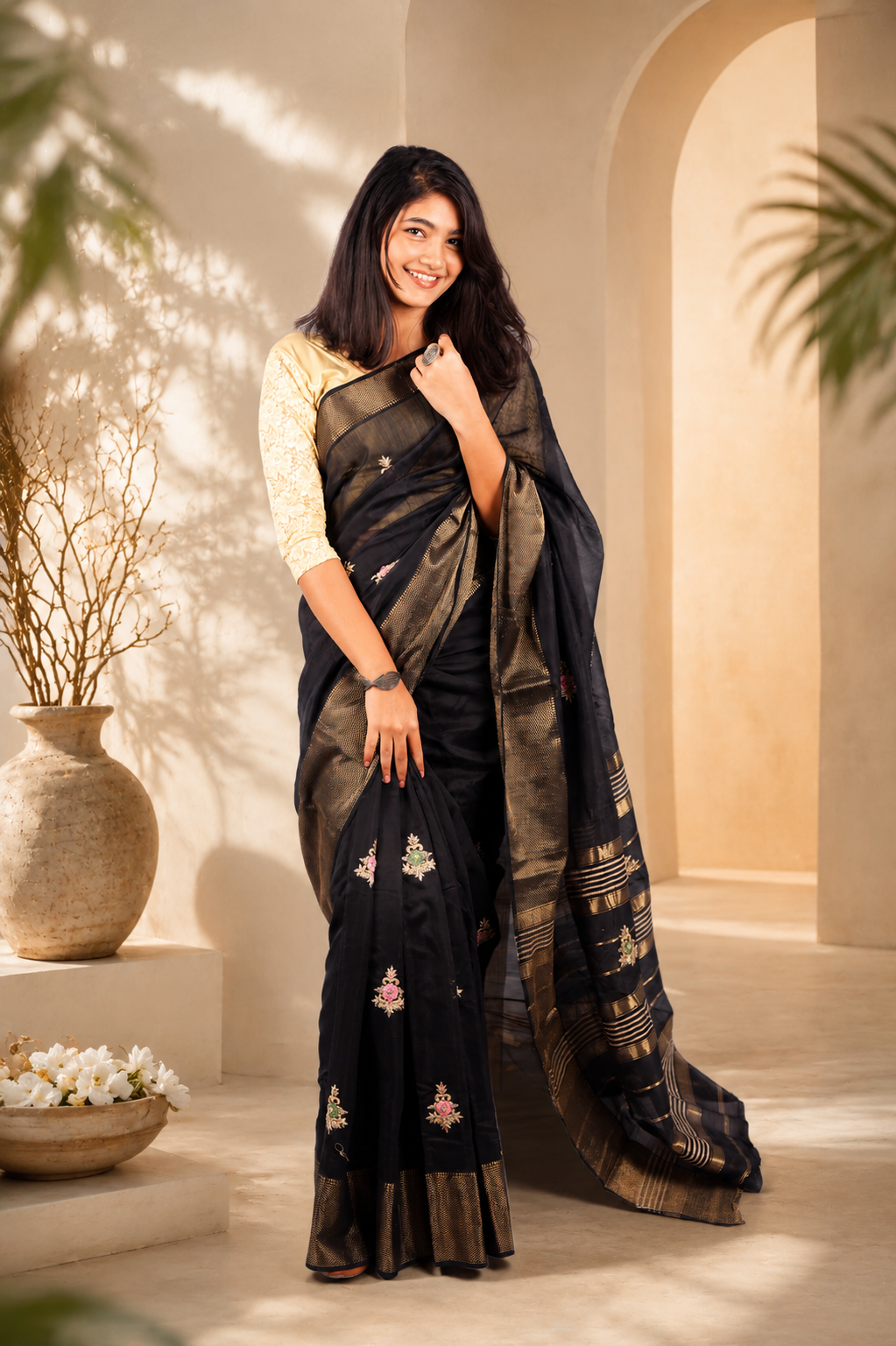 Black Cotton Silk Saree with Floral Embroidery & Rich Gold Zari Border