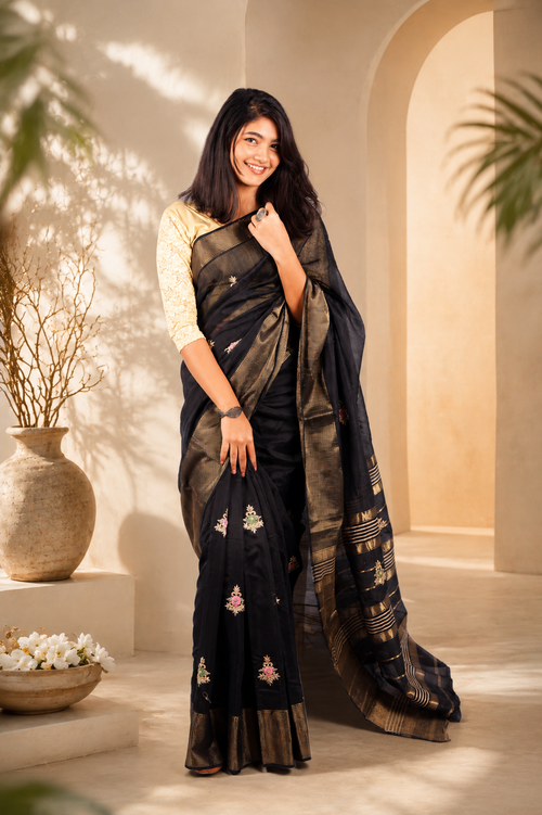 Black Cotton Silk Saree with Floral Embroidery & Rich Gold Zari Border