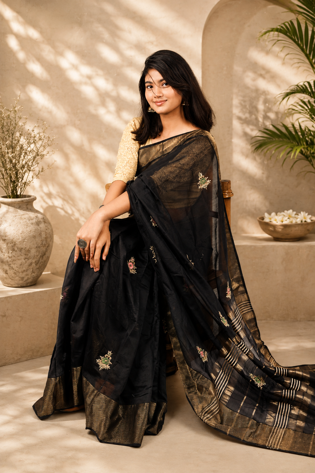 Black Cotton Silk Saree with Floral Embroidery & Rich Gold Zari Border
