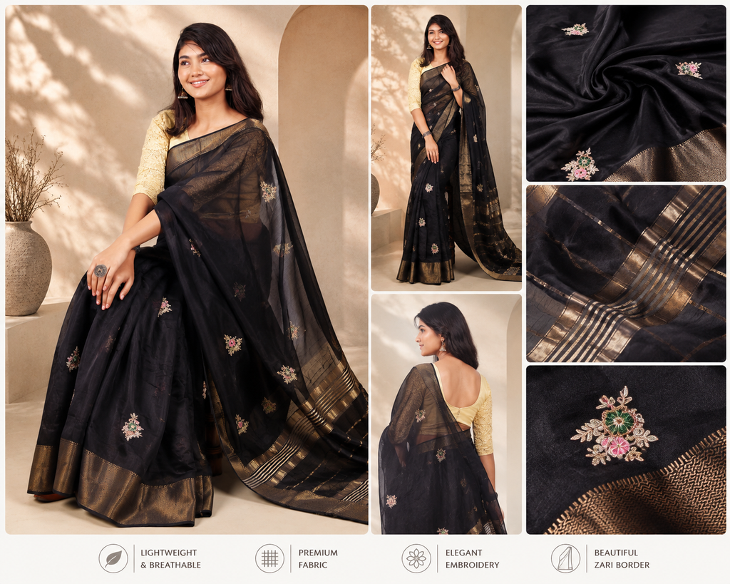 Black Cotton Silk Saree with Floral Embroidery & Rich Gold Zari Border