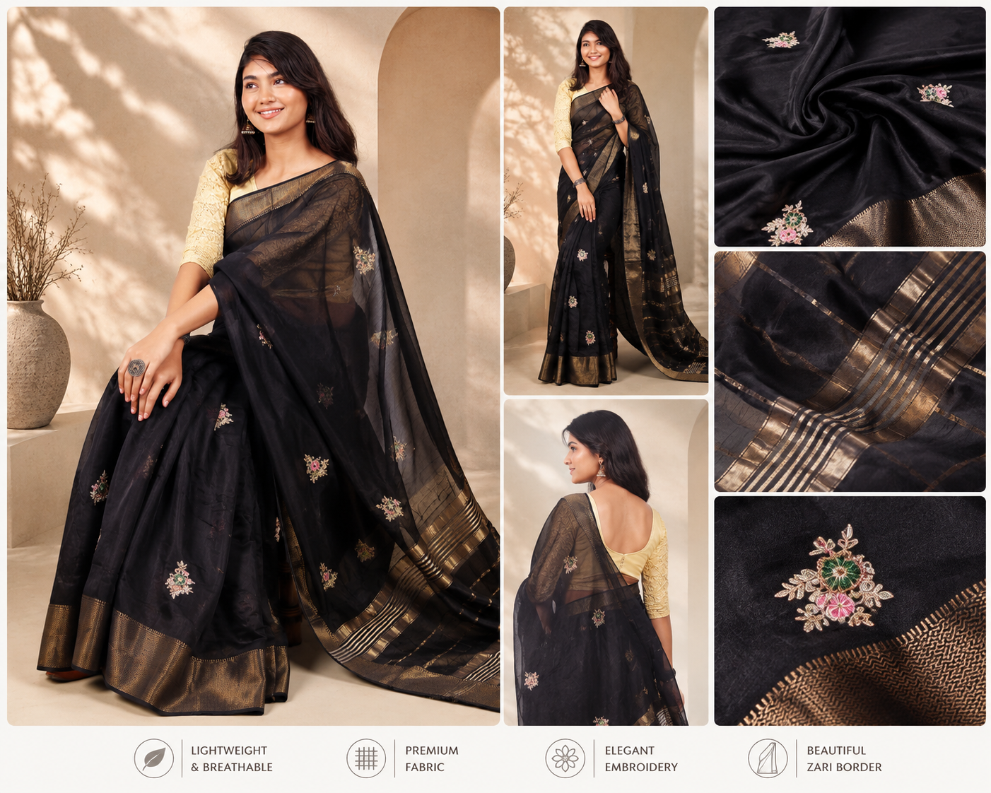 Black Cotton Silk Saree with Floral Embroidery & Rich Gold Zari Border