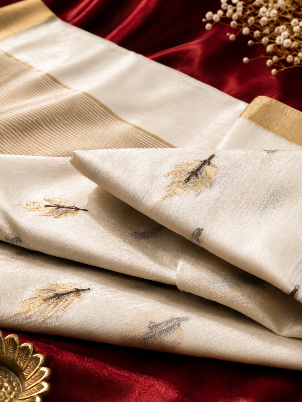 Ivory Gold Booti Handwoven Saree – Taana-Baana
