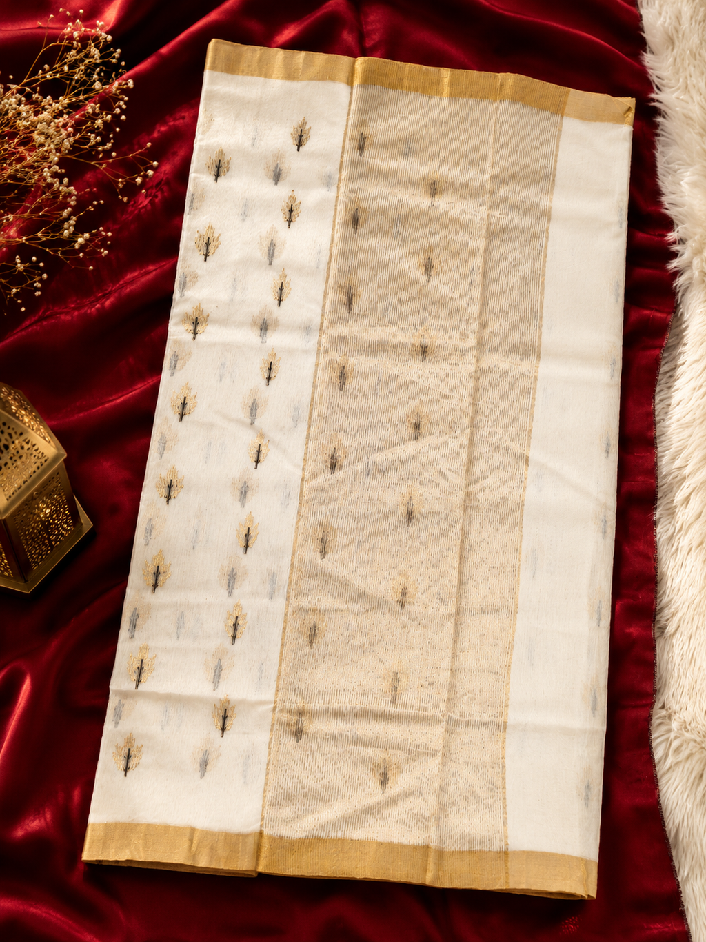 Ivory Gold Booti Handwoven Saree – Taana-Baana