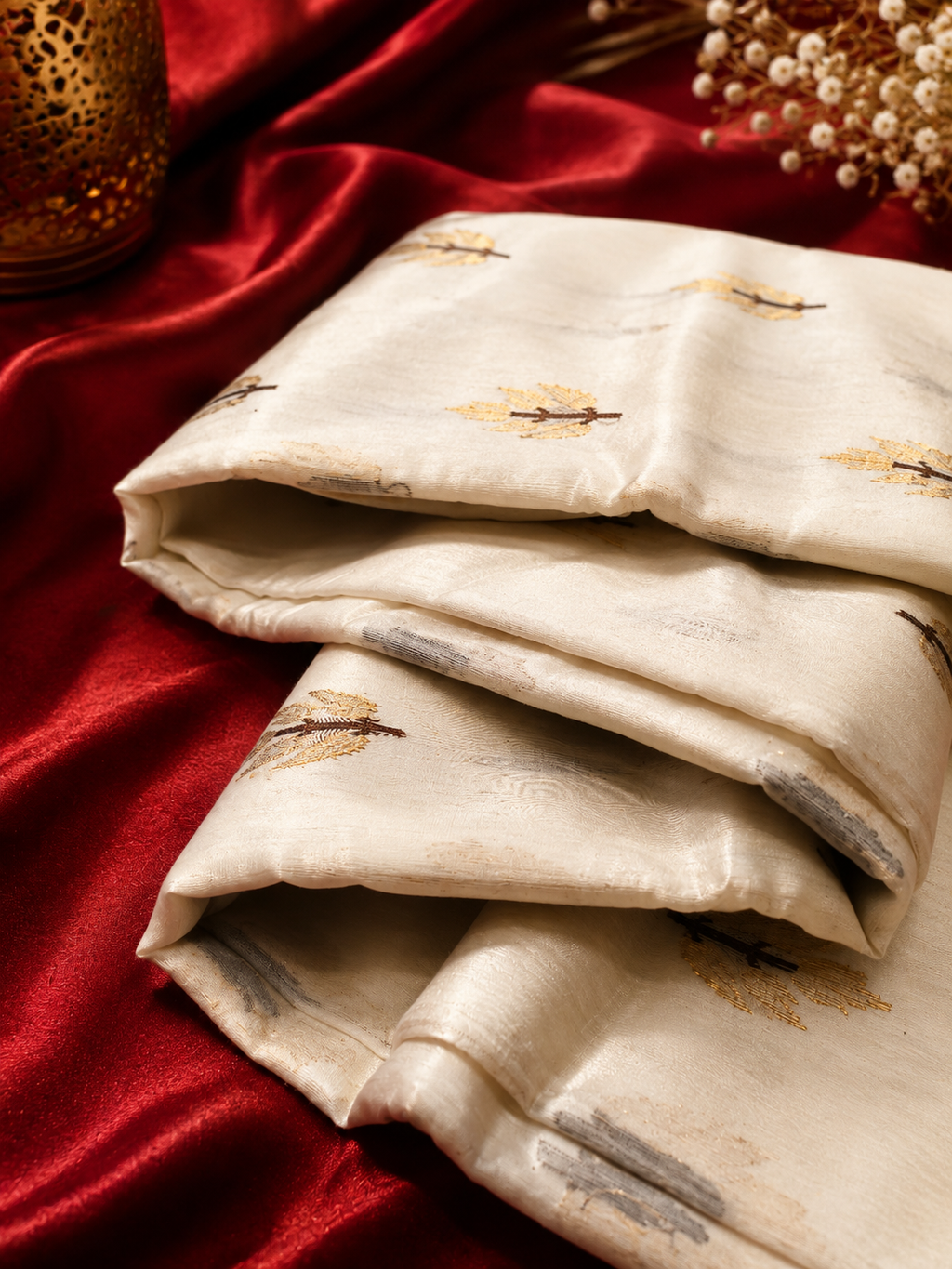 Ivory Gold Booti Handwoven Saree – Taana-Baana