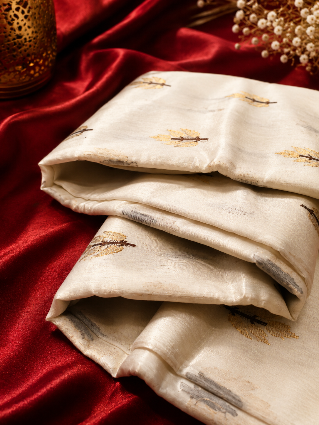 Ivory Gold Booti Handwoven Saree – Taana-Baana