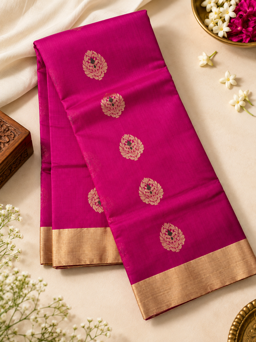 Chanderi Silk Saree — Rani Pink with Gold Zari Floral Motifs