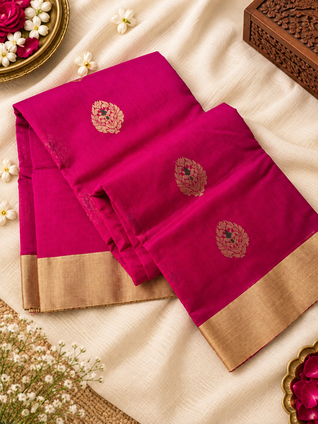 Chanderi Silk Saree — Rani Pink with Gold Zari Floral Motifs