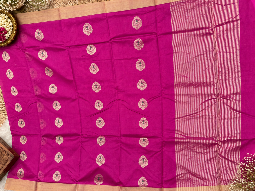 Chanderi Silk Saree — Rani Pink with Gold Zari Floral Motifs