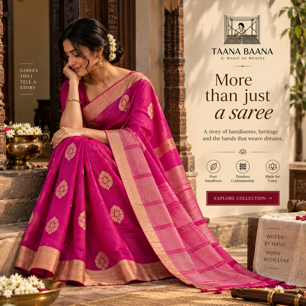 Chanderi Silk Saree — Rani Pink with Gold Zari Floral Motifs