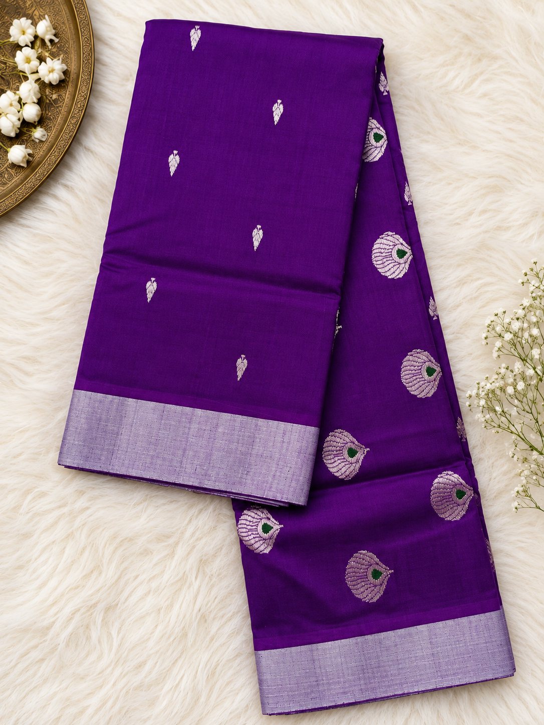 Royal Purple Chanderi Saree with Traditional Motifs & Silver Border