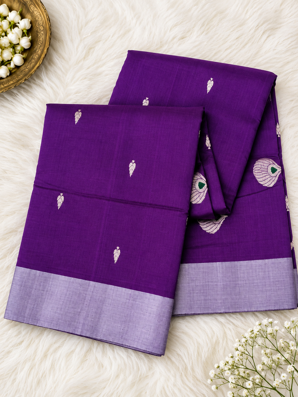 Royal Purple Chanderi Saree with Traditional Motifs & Silver Border