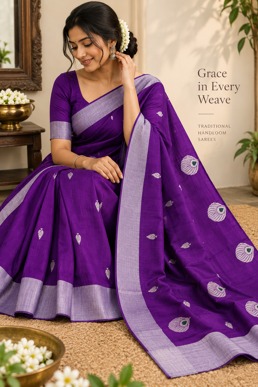 Royal Purple Chanderi Saree with Traditional Motifs & Silver Border