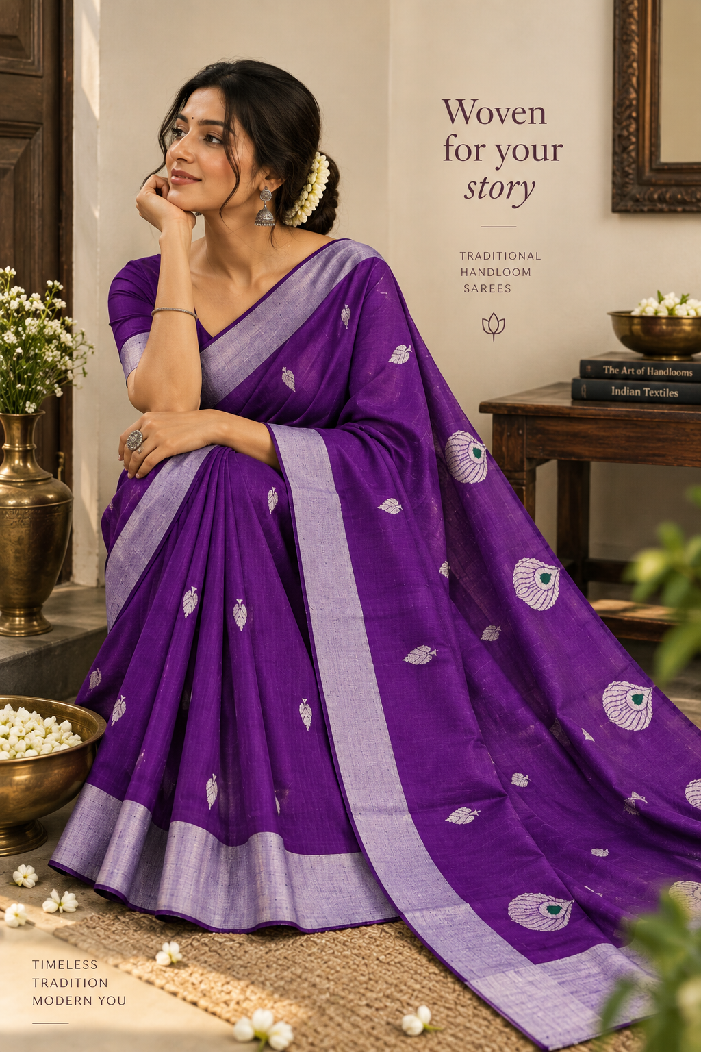 Royal Purple Chanderi Saree with Traditional Motifs & Silver Border