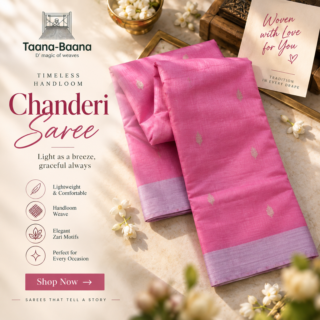 Chanderi Silk Saree — Rani Pink with Gold Zari Floral Motifs