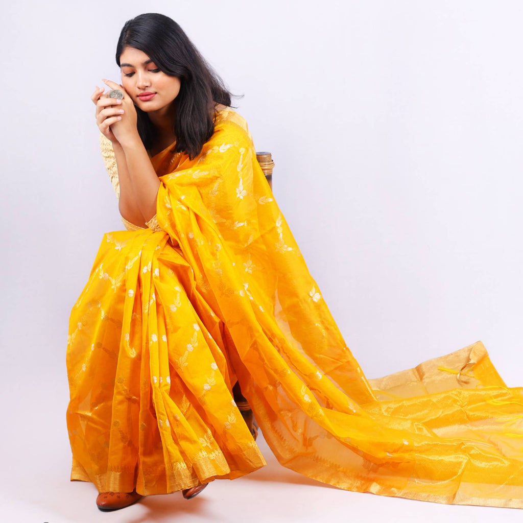 Mustard Yellow Cotton Silk Saree with Gold Zari Border & Woven Floral Motifs