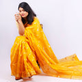 Mustard Yellow Cotton Silk Saree with Gold Zari Border & Woven Floral Motifs