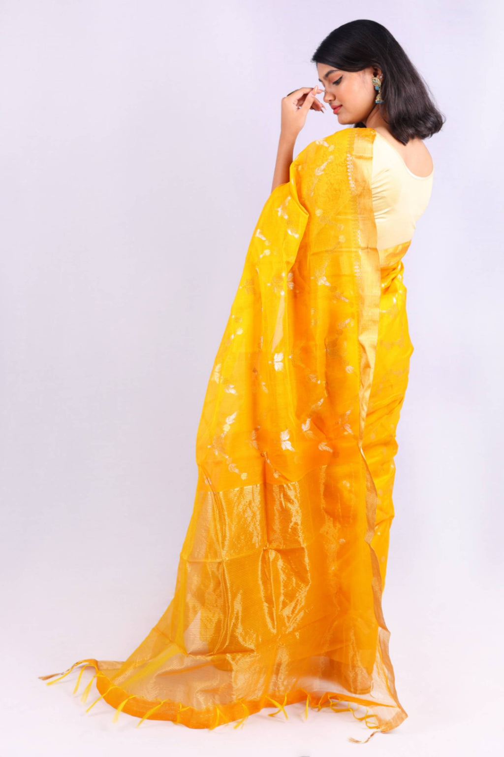 Mustard Yellow Cotton Silk Saree with Gold Zari Border & Woven Floral Motifs