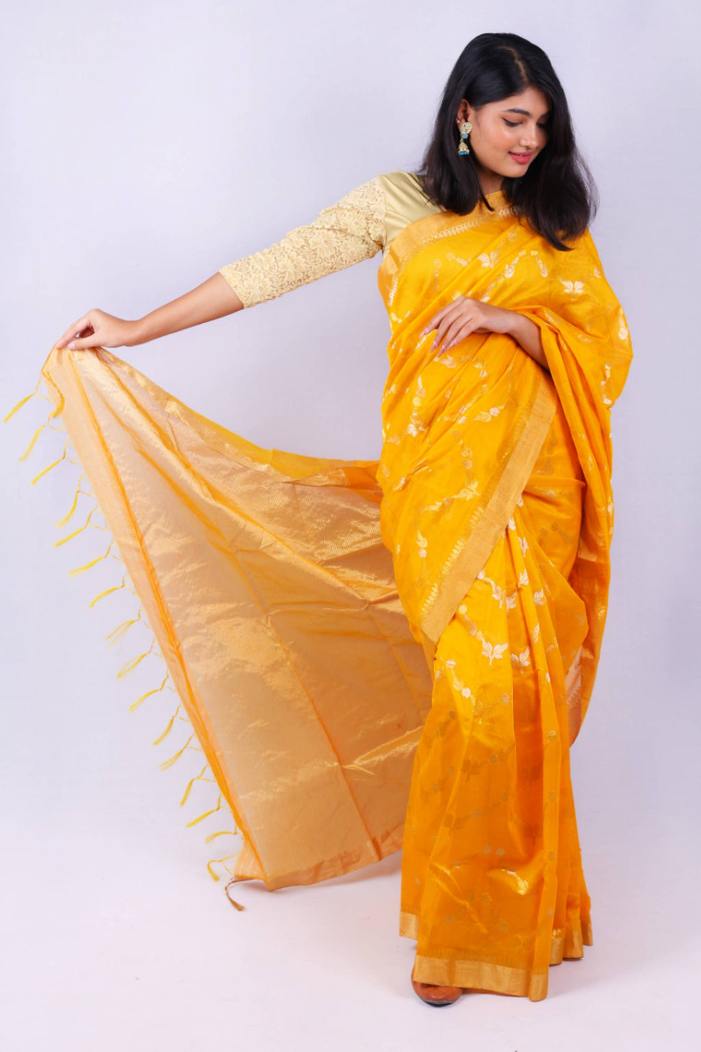 Mustard Yellow Cotton Silk Saree with Gold Zari Border & Woven Floral Motifs