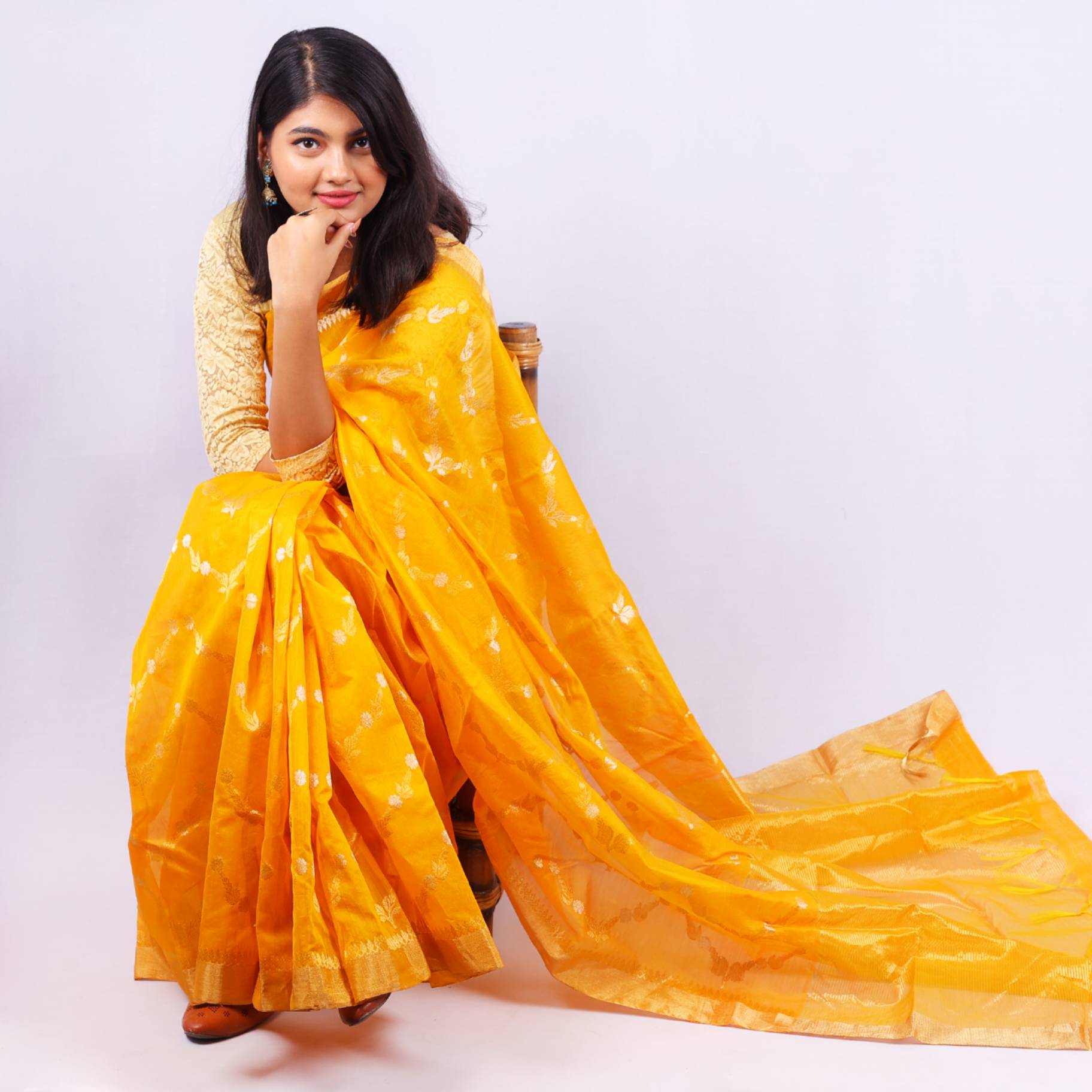 Mustard Yellow Cotton Silk Saree with Gold Zari Border & Woven Floral Motifs
