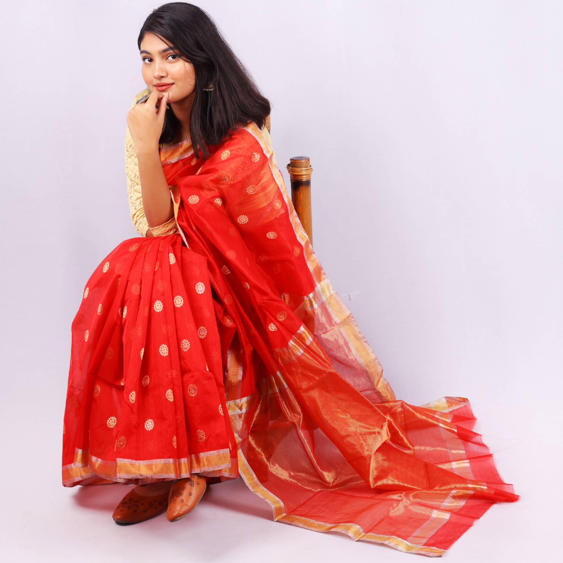 Ruby Red Cotton Silk Saree with Gold Buti Motifs & Rich Zari Border