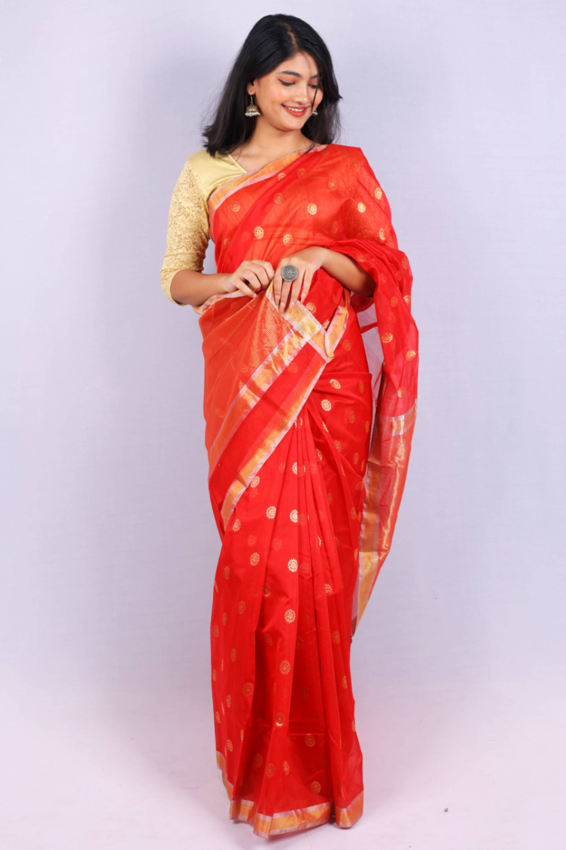 Ruby Red Cotton Silk Saree with Gold Buti Motifs & Rich Zari Border