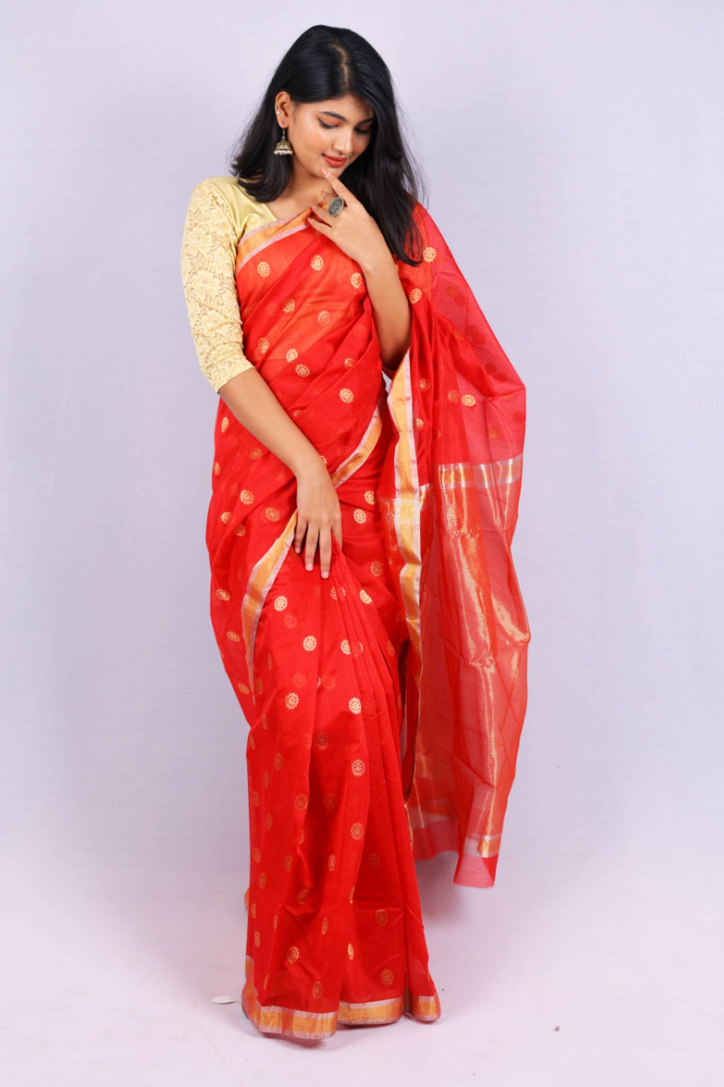 Ruby Red Cotton Silk Saree with Gold Buti Motifs & Rich Zari Border