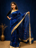 Royal Blue Chanderi Handloom Silk Saree with Golden Zari Border for Women
