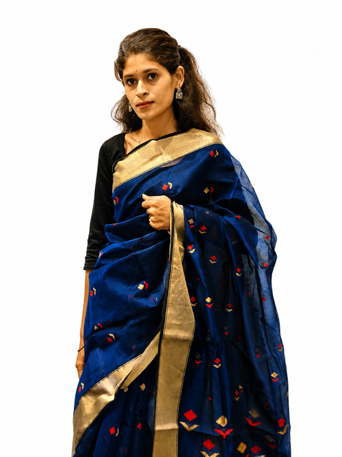 Royal Blue Chanderi Handloom Silk Saree with Golden Zari Border for Women