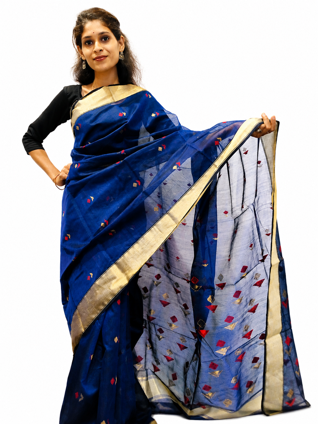Royal Blue Chanderi Handloom Silk Saree with Golden Zari Border for Women