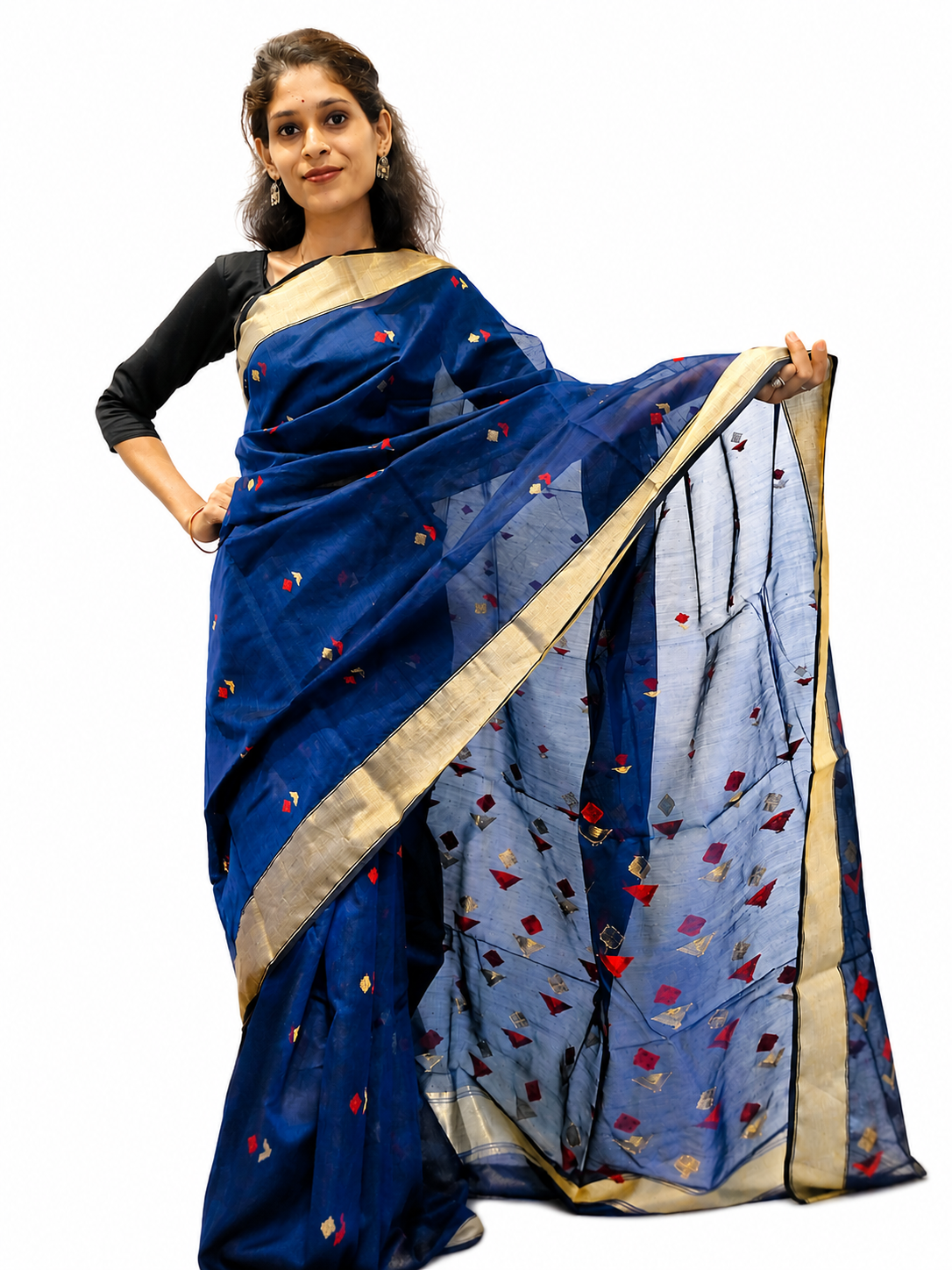 Royal Blue Chanderi Handloom Silk Saree with Golden Zari Border for Women