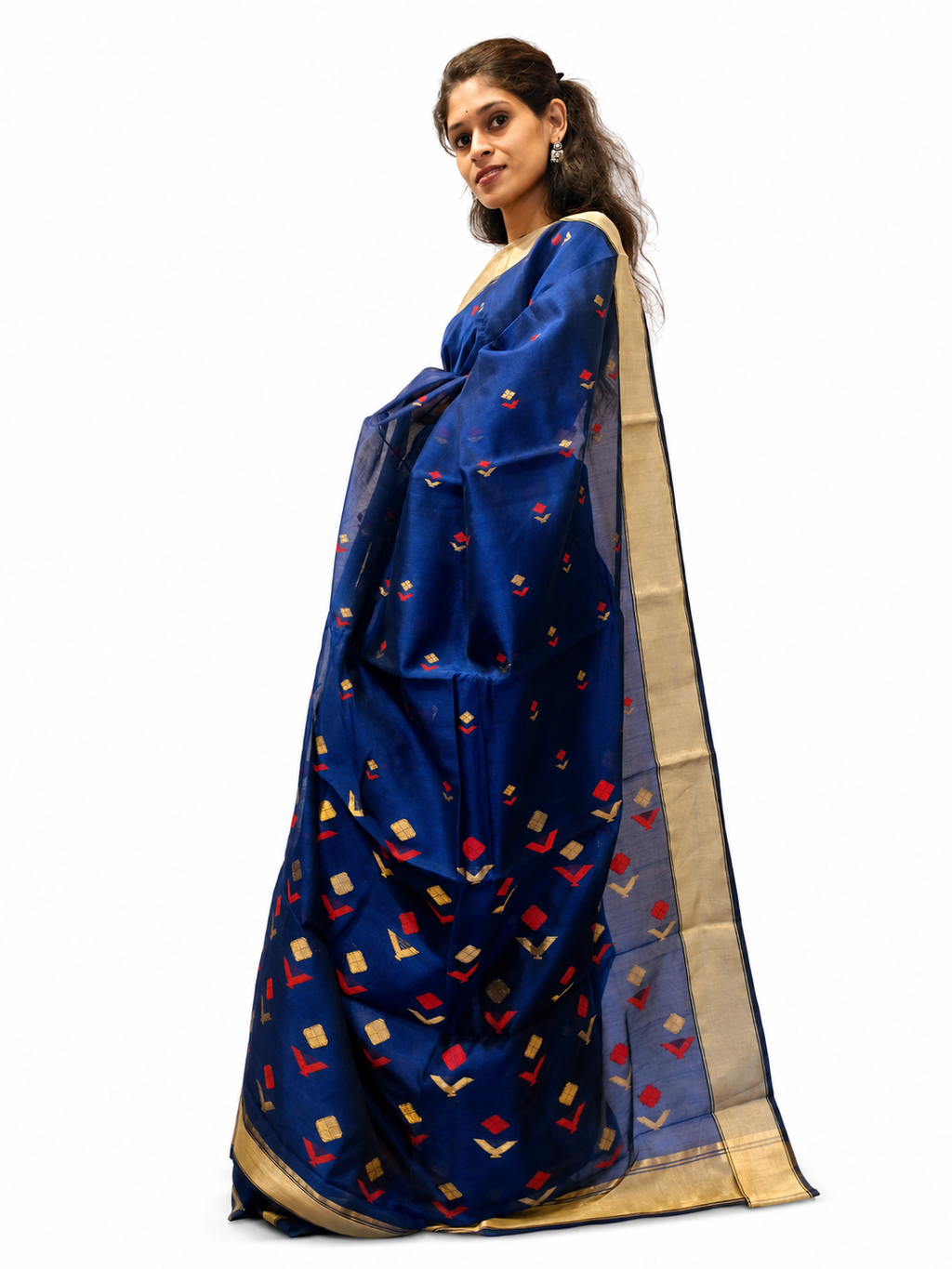 Royal Blue Chanderi Handloom Silk Saree with Golden Zari Border for Women