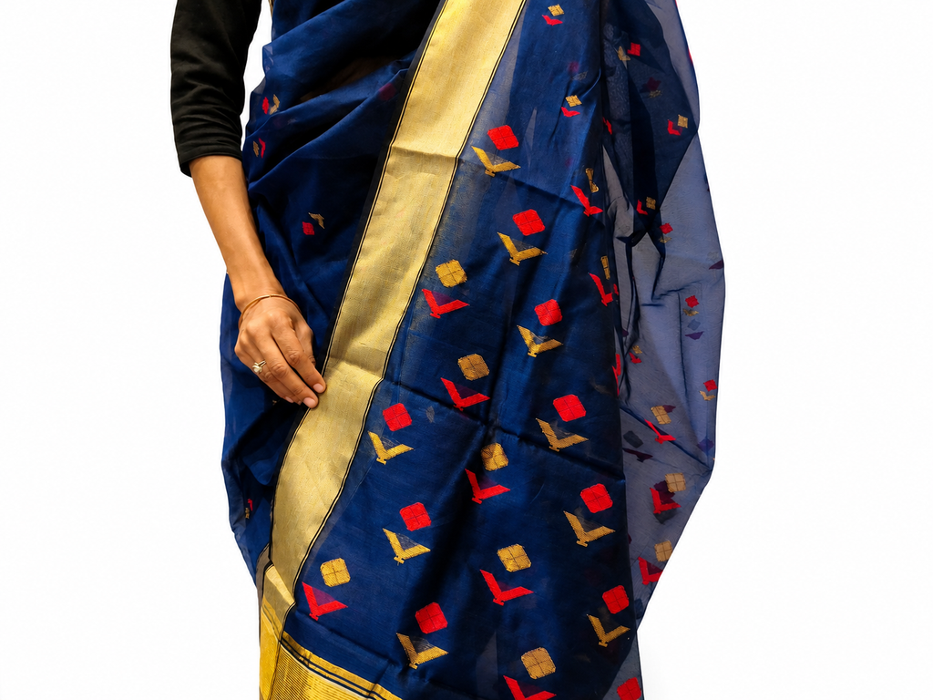 Royal Blue Chanderi Handloom Silk Saree with Golden Zari Border for Women