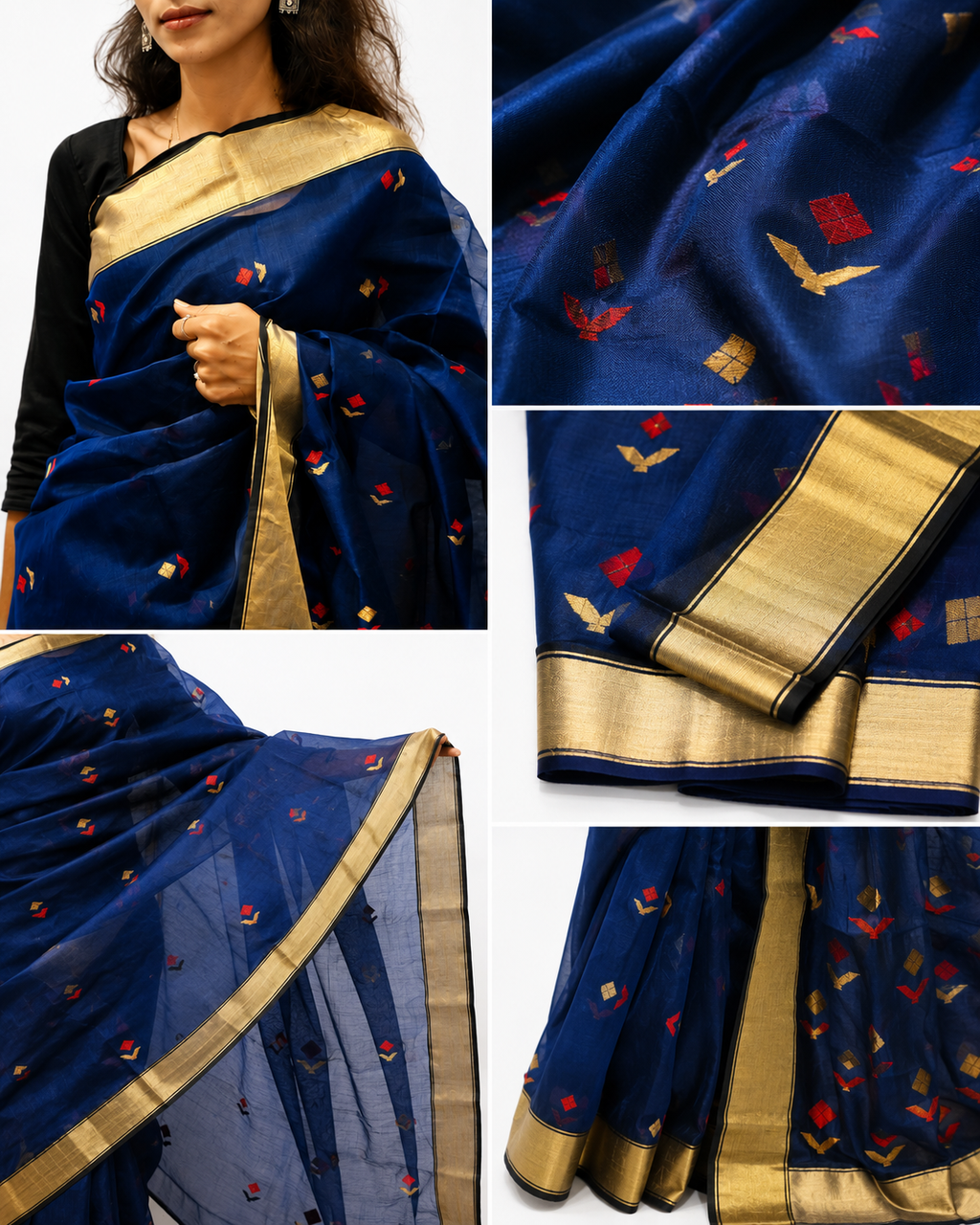 Royal Blue Chanderi Handloom Silk Saree with Golden Zari Border for Women