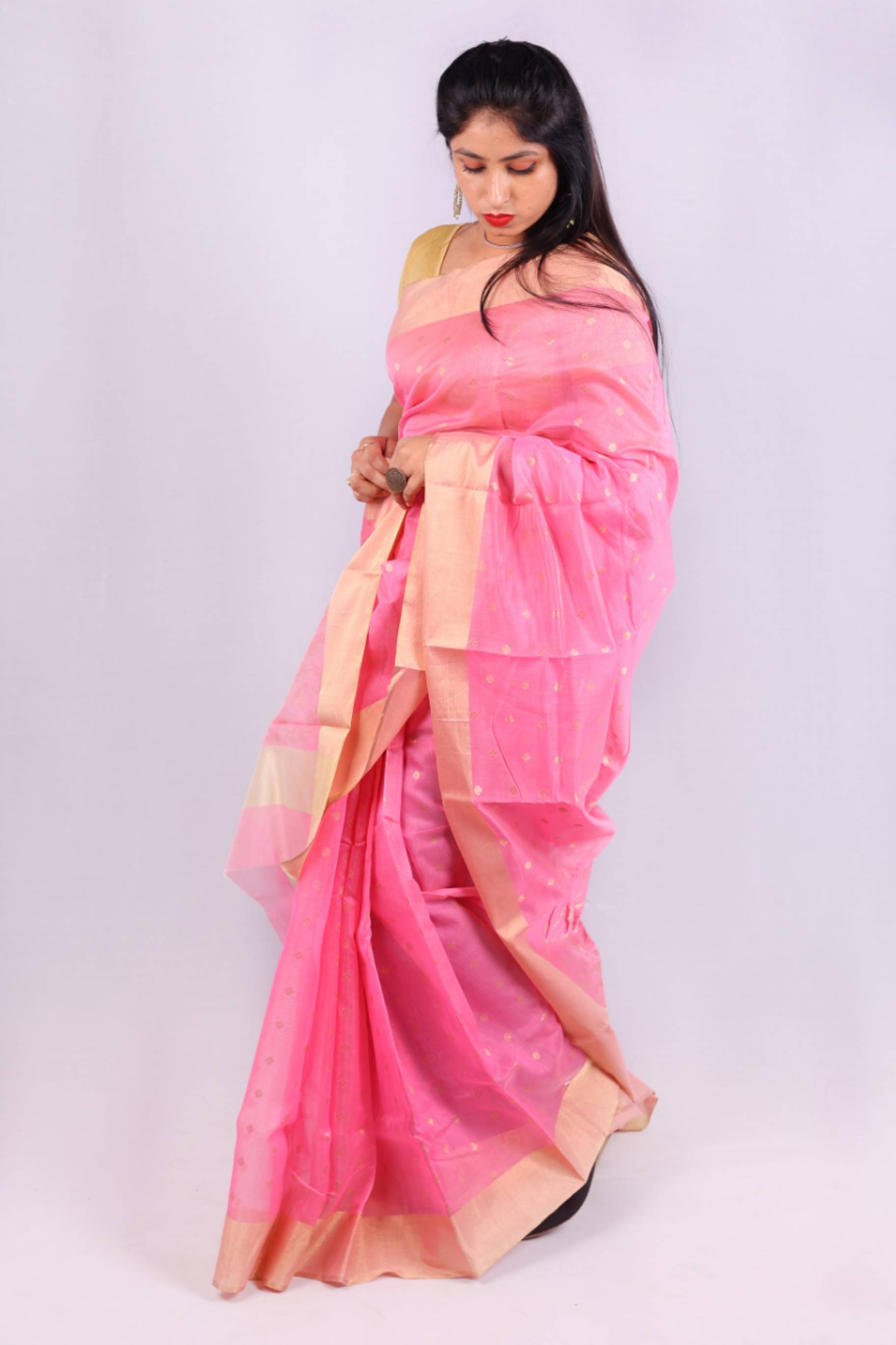 Baby Pink Cotton Silk Saree with Gold Zari Border & Woven Leaf Motifs