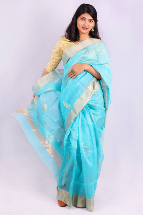 Aqua Blue Cotton Silk Saree with Silver Zari Border & Woven Buti Motifs