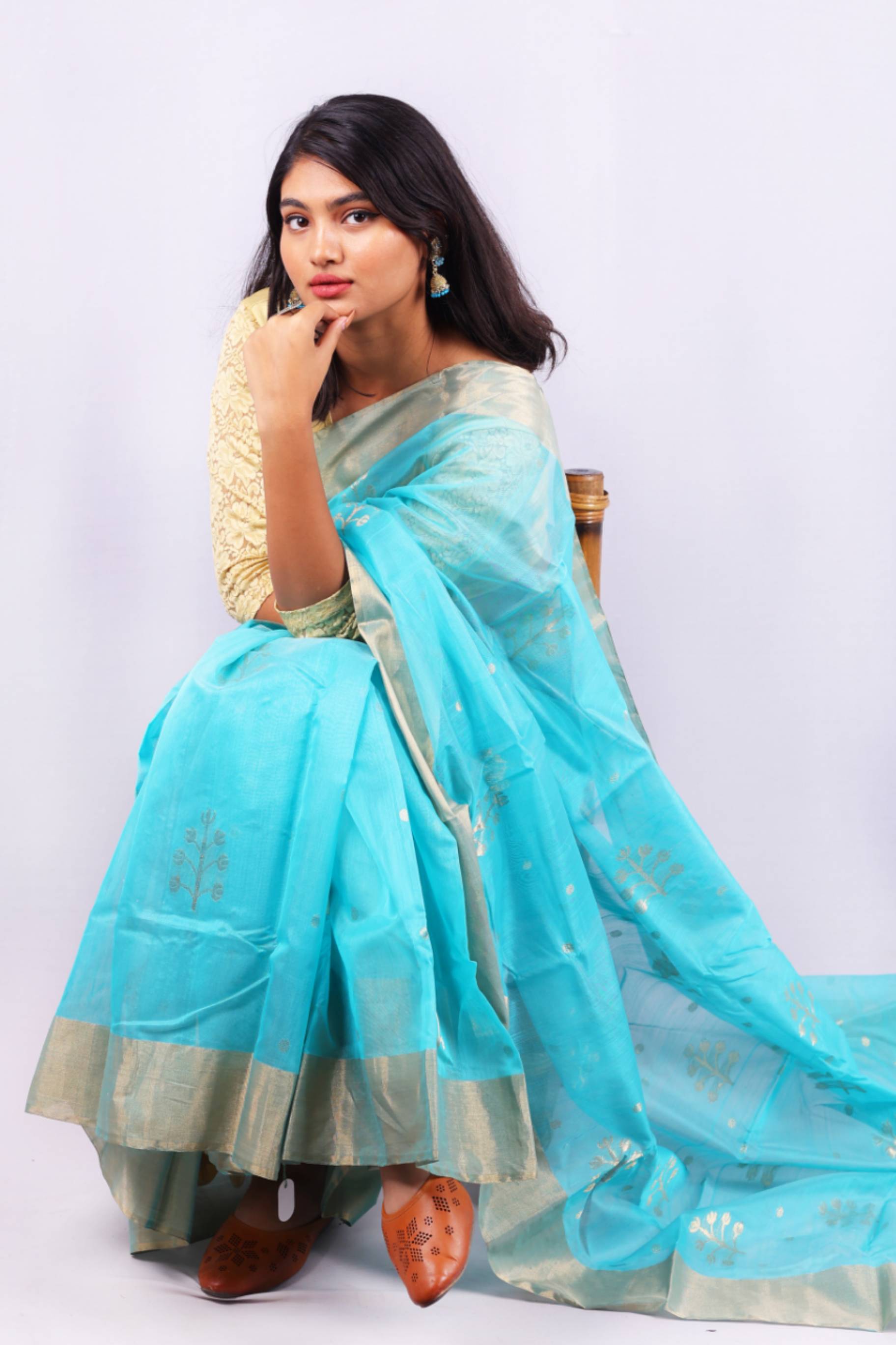 Aqua Blue Cotton Silk Saree with Silver Zari Border & Woven Buti Motifs