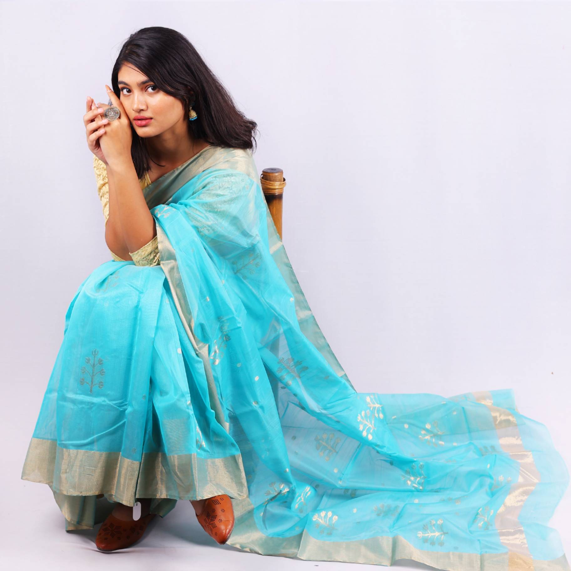 Aqua Blue Cotton Silk Saree with Silver Zari Border & Woven Buti Motifs