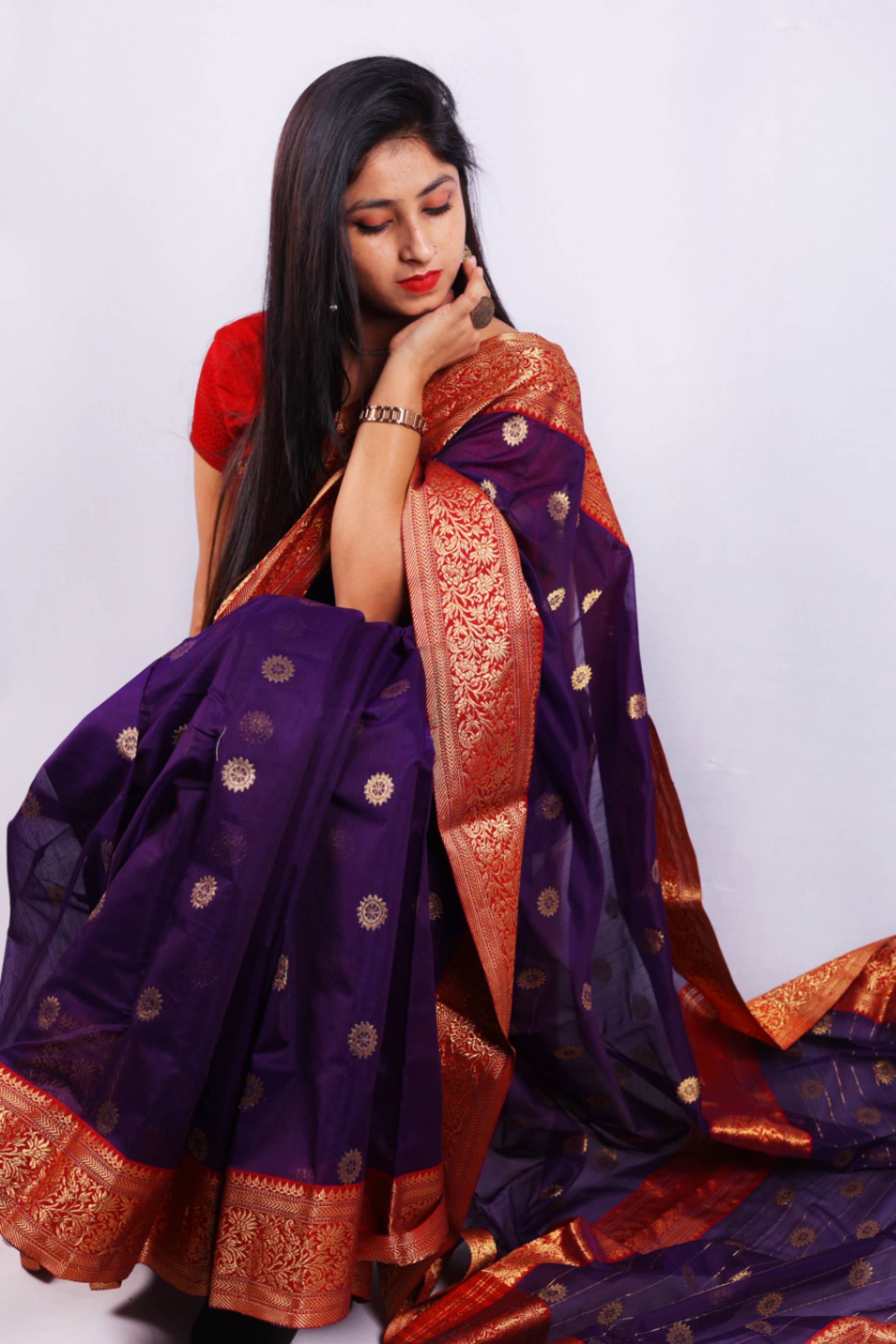 Royal Purple Cotton Silk Saree with Gold Buti Motifs & Rich Banarasi Zari Border