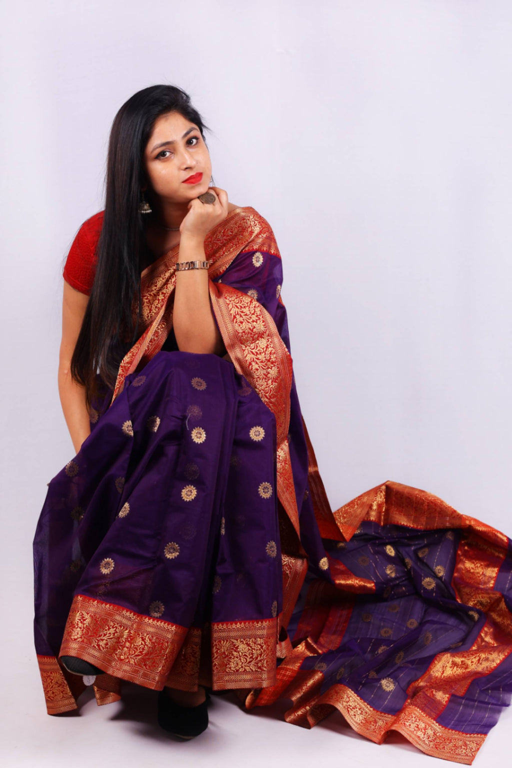 Royal Purple Cotton Silk Saree with Gold Buti Motifs & Rich Banarasi Zari Border