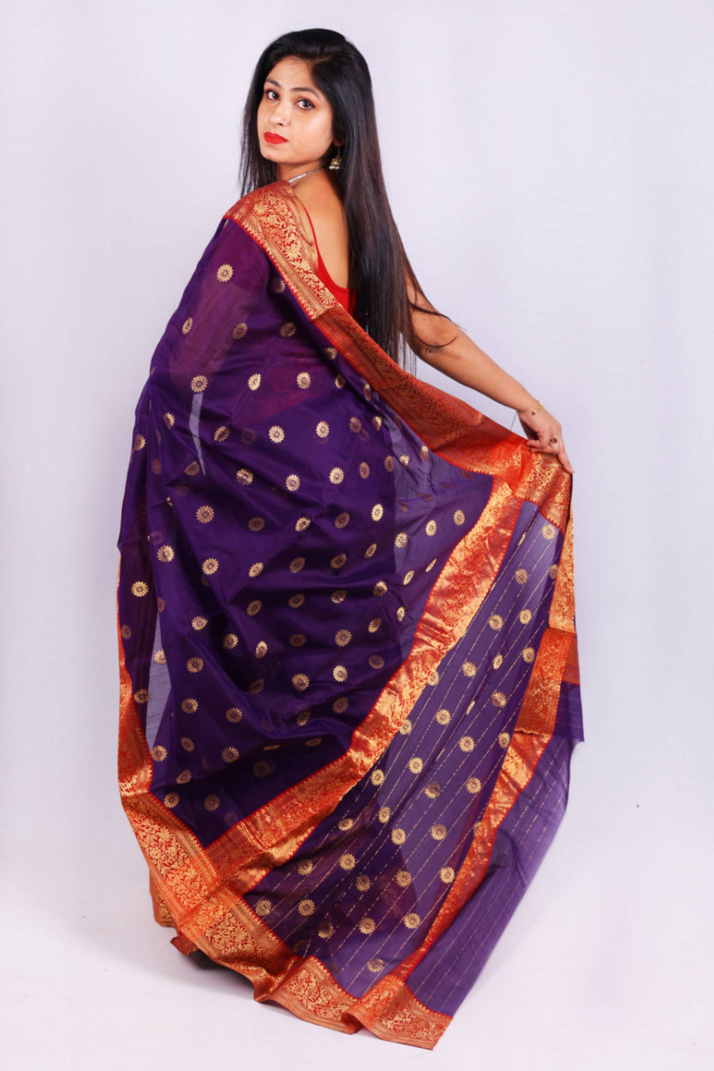 Royal Purple Cotton Silk Saree with Gold Buti Motifs & Rich Banarasi Zari Border