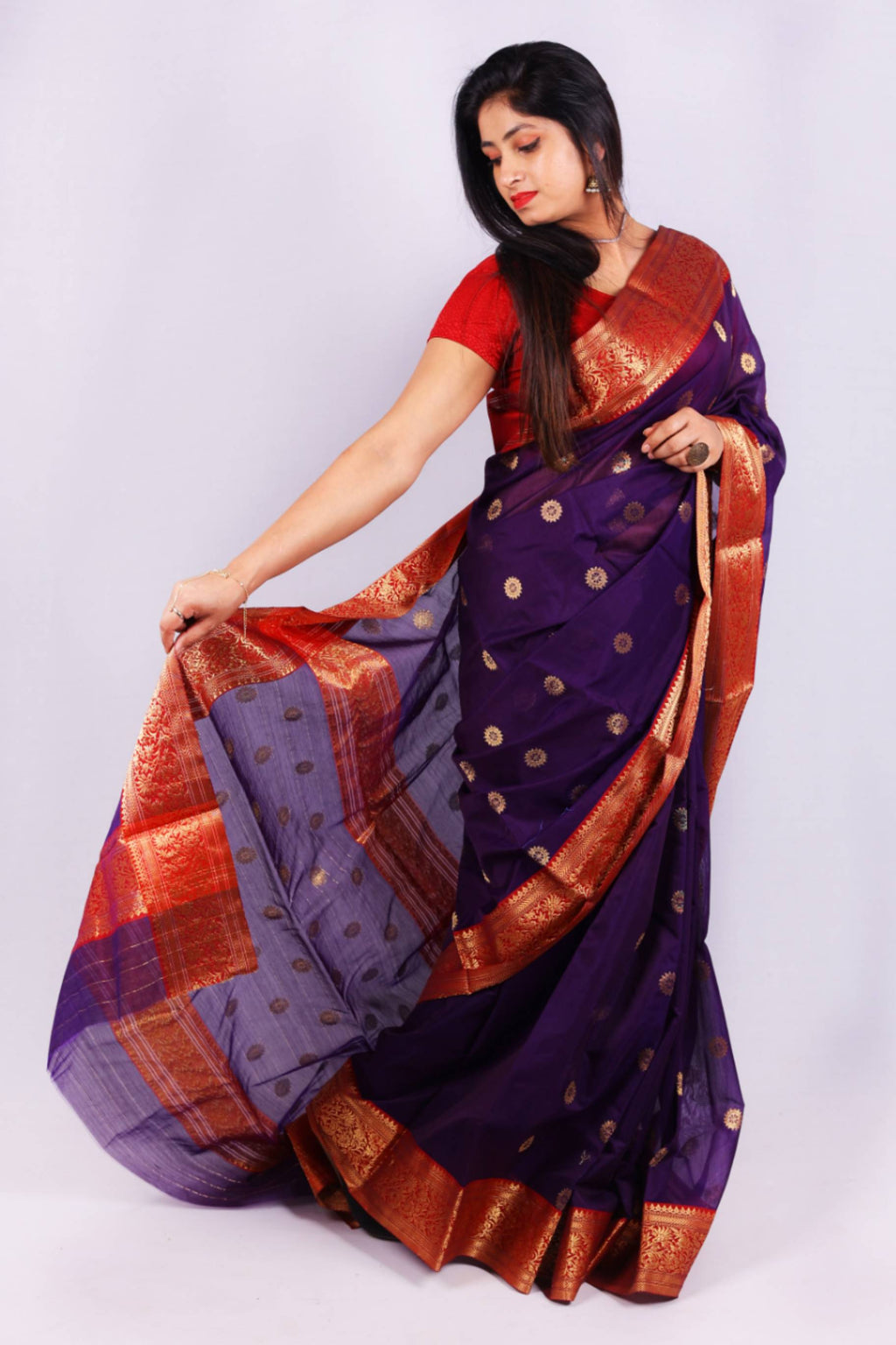Royal Purple Cotton Silk Saree with Gold Buti Motifs & Rich Banarasi Zari Border
