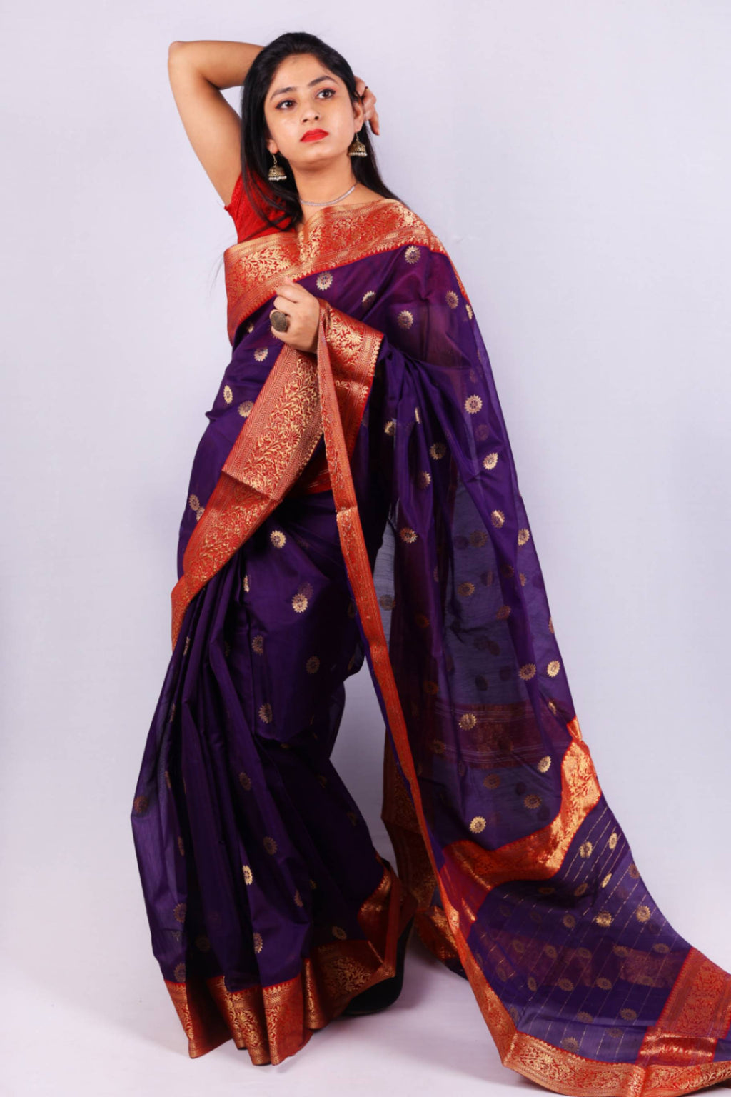 Royal Purple Cotton Silk Saree with Gold Buti Motifs & Rich Banarasi Zari Border