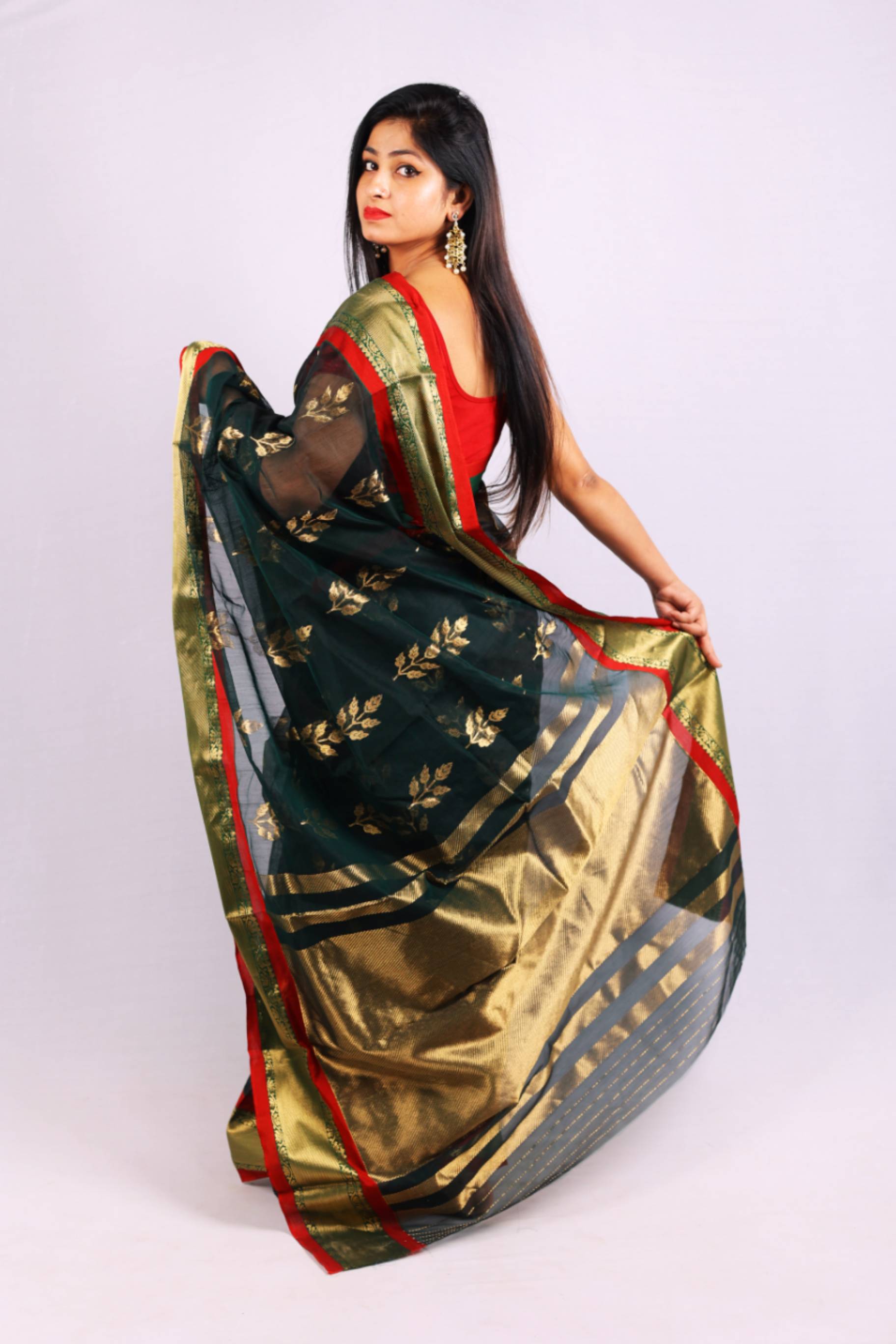 Forest Green Cotton Silk Saree with Gold Floral Motifs & Zari Border