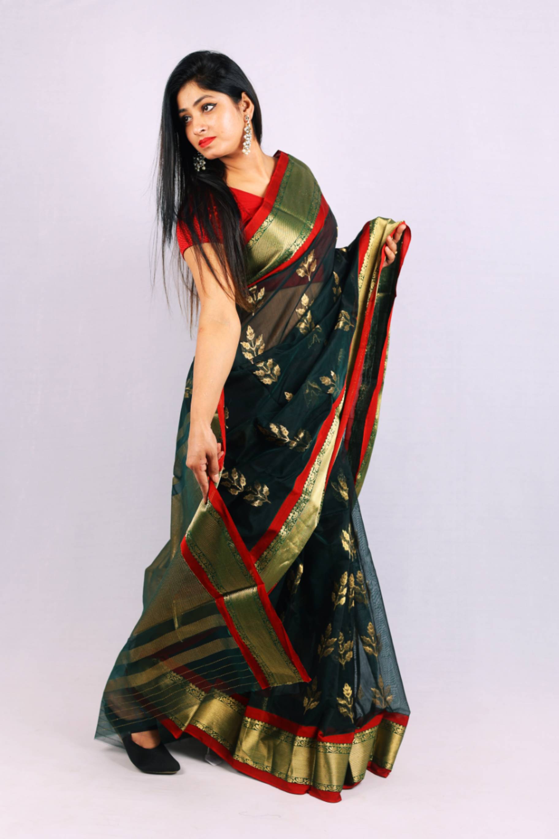 Forest Green Cotton Silk Saree with Gold Floral Motifs & Zari Border