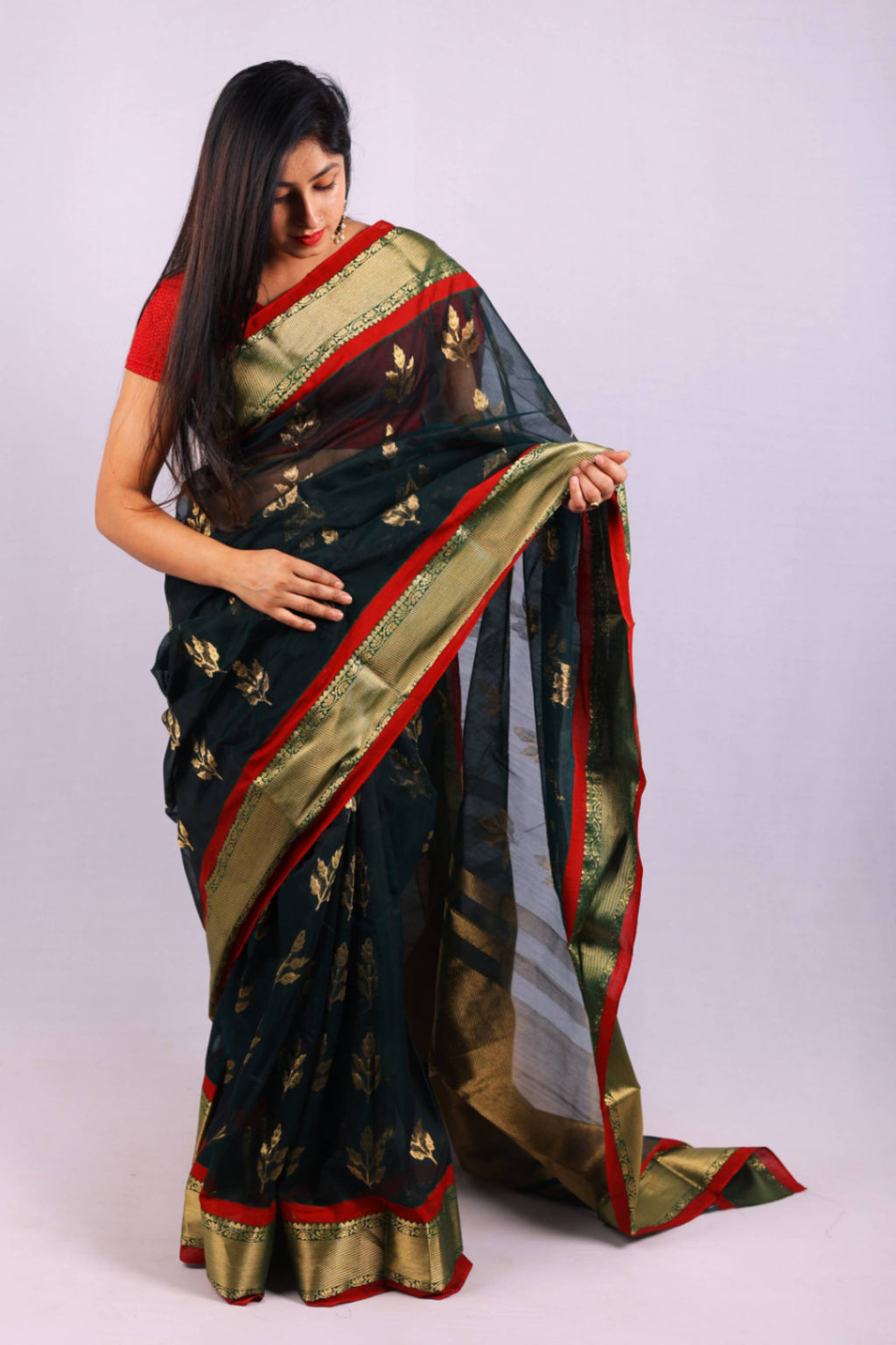 Forest Green Cotton Silk Saree with Gold Floral Motifs & Zari Border