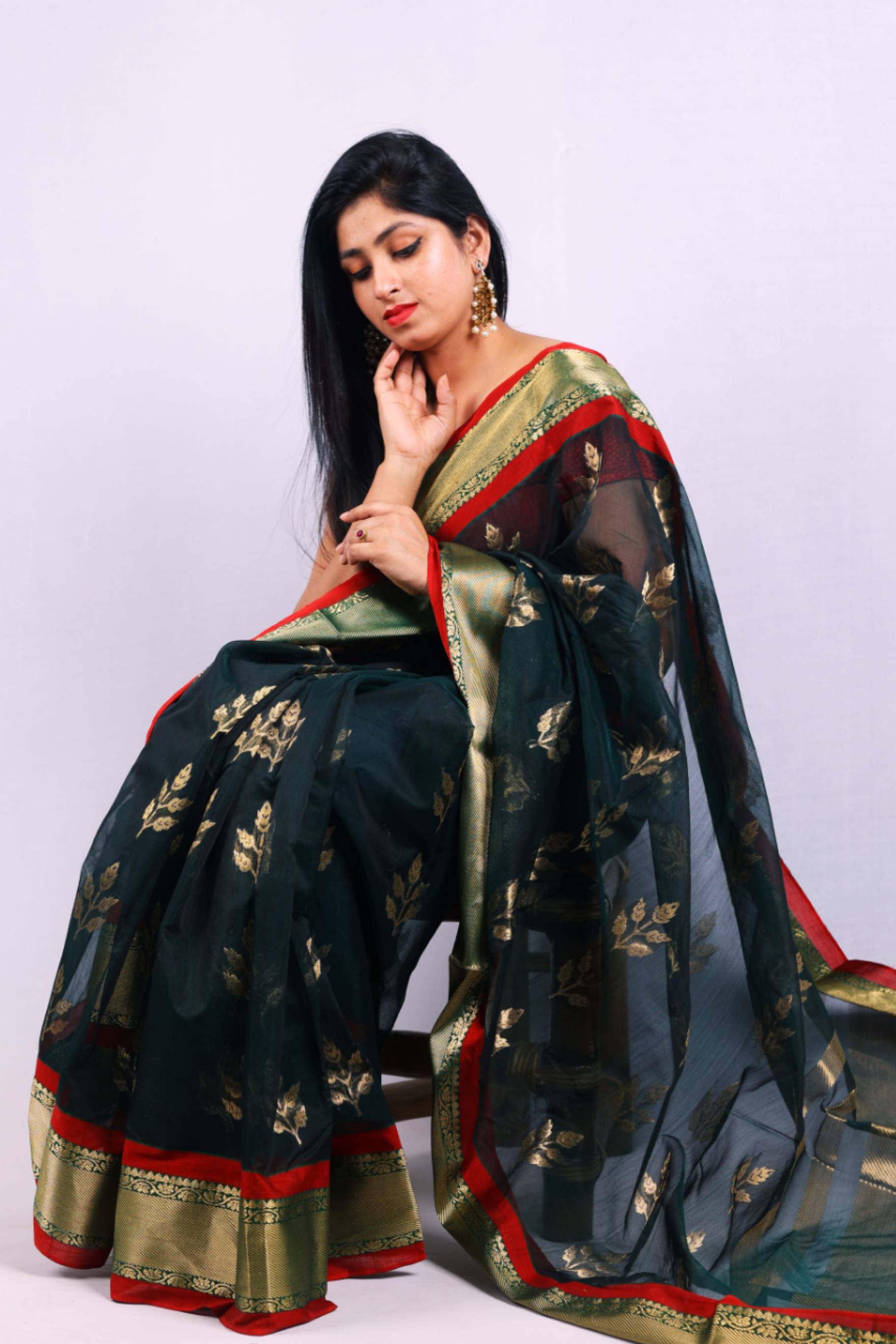 Forest Green Cotton Silk Saree with Gold Floral Motifs & Zari Border