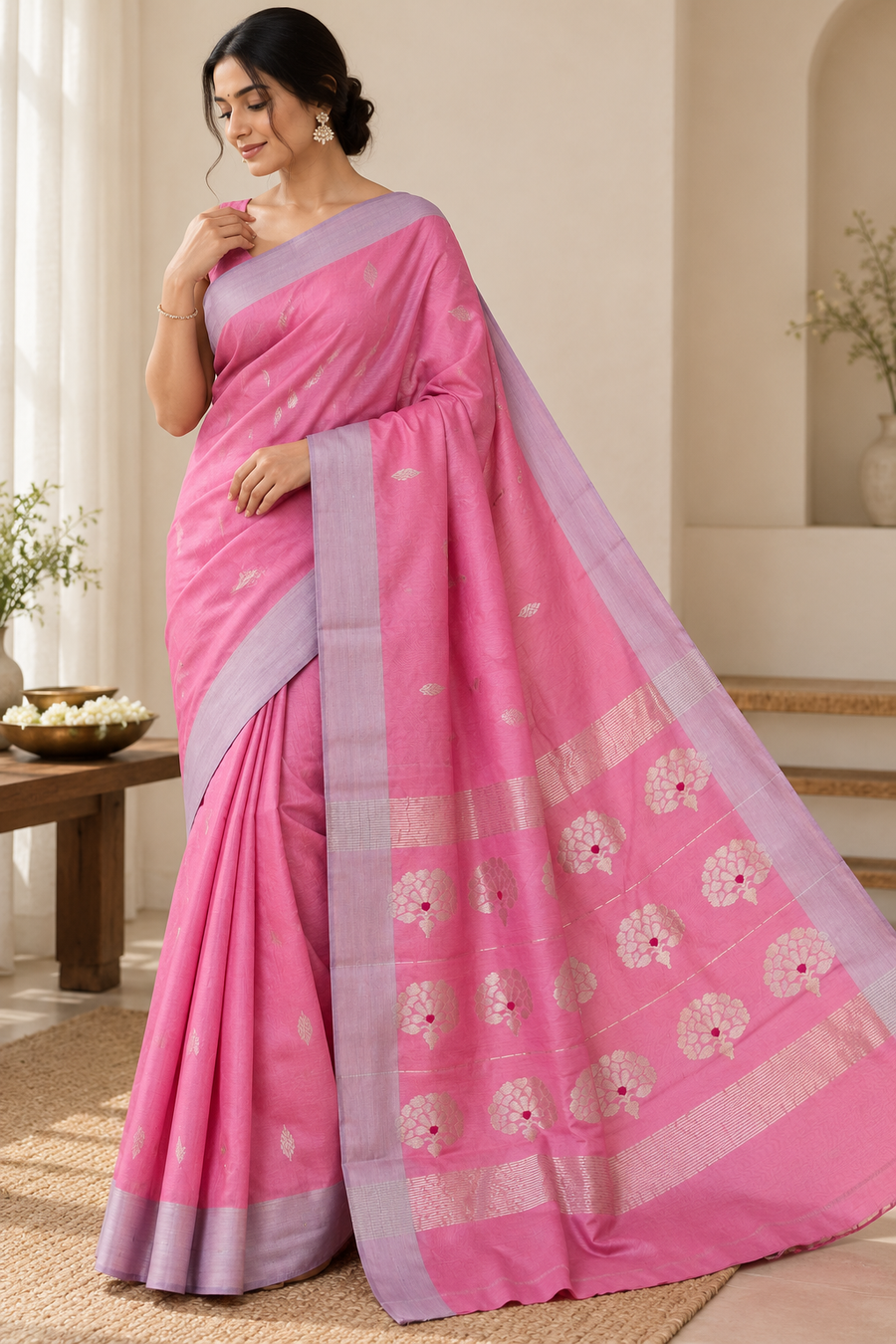 Chanderi Silk Saree — Pink Floral Pallu with Lavender Border